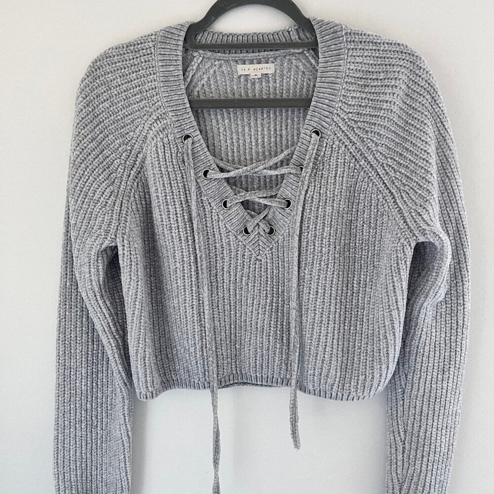 LA Hearts Cropped Knit Sweater – Lace-Up Front, Gray - size S